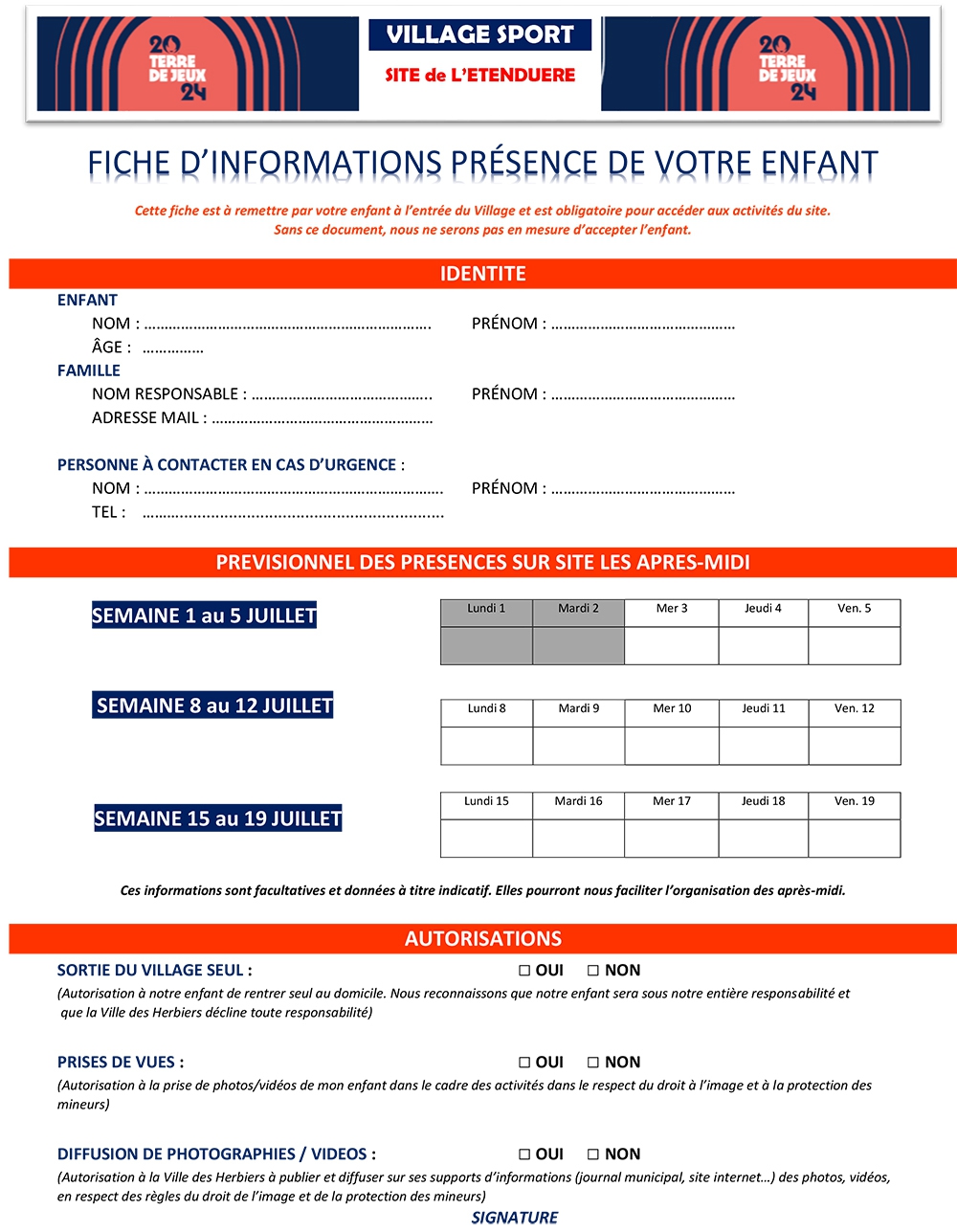 FICHE DE RENSEIGNEMENTS JEUNES 3 au 19 juillet